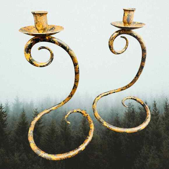 Pair of 14" Snake Serpent Scroll Camouflage Wrought Iron Candlestick Holders VTG - Picture 3 of 12